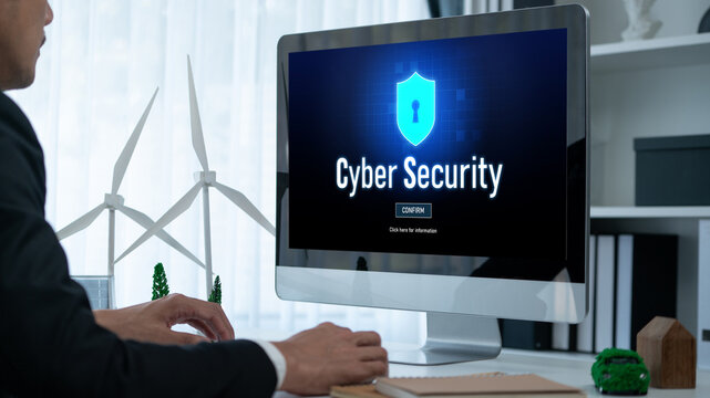 Cyber security system on computer screen protect private information brisk from hacker and cyber attack