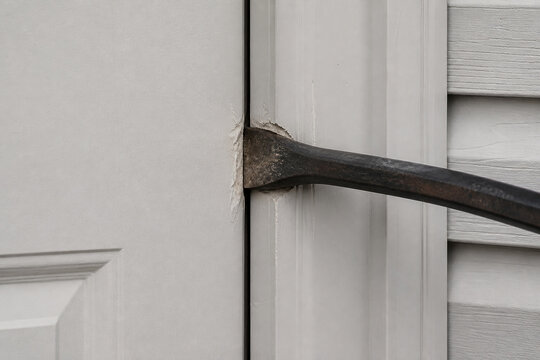Crowbar wedged into door gap with paint scratches and dented frame, home security and emergency concept