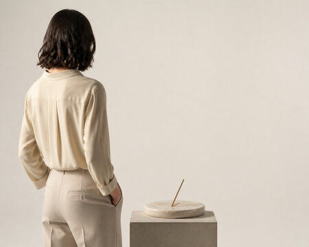 Unrecognizable person with modern stone sundial, time management and efficiency concept