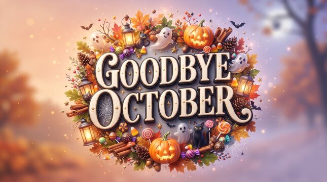 Goodbye october text surrounded by autumn leaves and halloween decorations