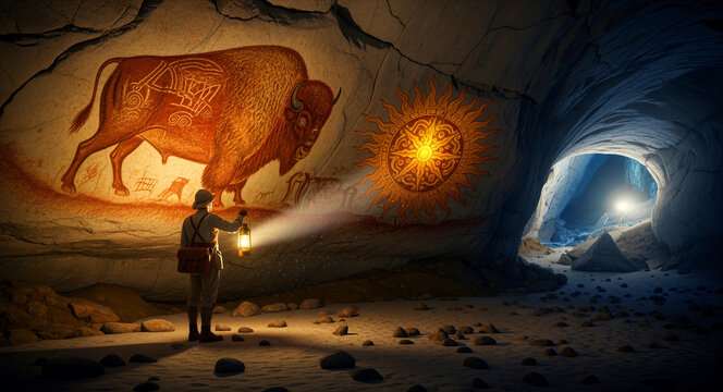 Explorer illuminating ancient cave paintings with lantern. Archaeologist finding prehistoric wall art inside cavern. Historical discovery theme, ideal for educational or adventure use.