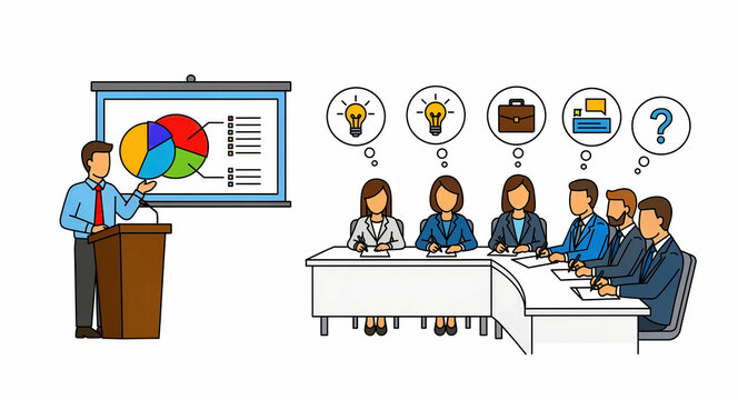 Businessman presenting financial data charts to a professional team. Coworkers brainstorming ideas and taking notes during a corporate meeting. Business strategy and team collaboration concept.
