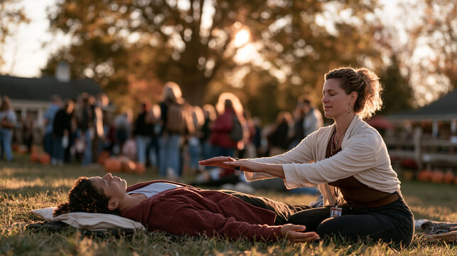 A reiki practitioner extends hands above a client lying in a golden-lit clearing as dozens of autumn visitors in the background wander a pumpkin-lit farm during spooky season,