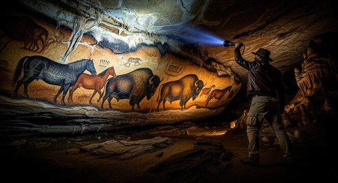 Explorer shining flashlight on ancient cave paintings of animals. Archaeologist discovering prehistoric rock art in a cavern. Discovery concept, ideal for history and educational marketing.