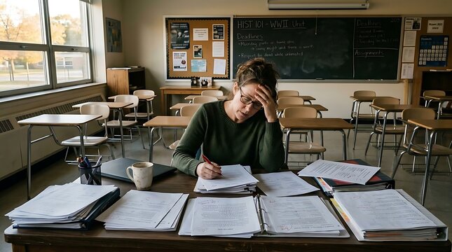 Frustrated teacher overwhelmed with paperwork at her desk in a classroom setting