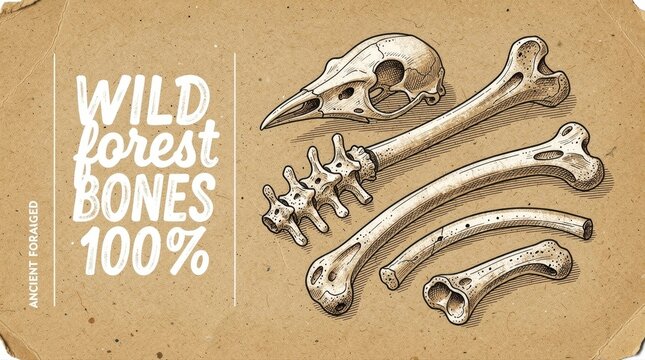 Vintage animal bone and skull illustrations on craft paper. Scientific sketches of skeletal remains and vertebrae. Biology concept for nature journals and educational media.