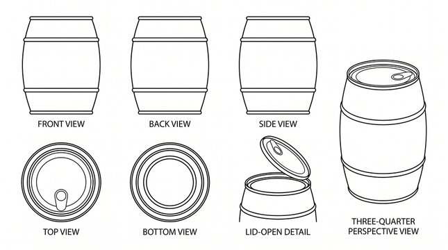 Barrel Shaped Tin Can Vector Set: Orthographic and Perspective Views of Metal Container with Ring Pull Lid