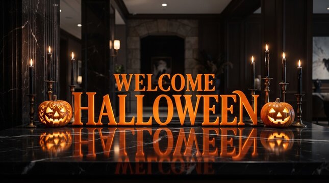 Spooky halloween welcome with glowing pumpkins and eerie candlelight display