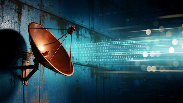 Rusty satellite dish transmitting binary data. Digital signals flow from an old antenna on a weathered wall. Connectivity concept for tech evolution and data security marketing.