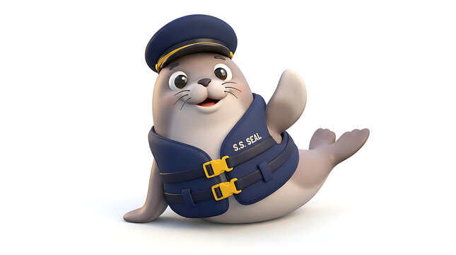 A charming seal character wears a navy cap and life vest against a white background