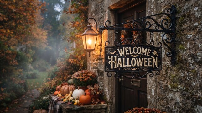 Spooky halloween porch display with pumpkins lantern and welcome sign at night