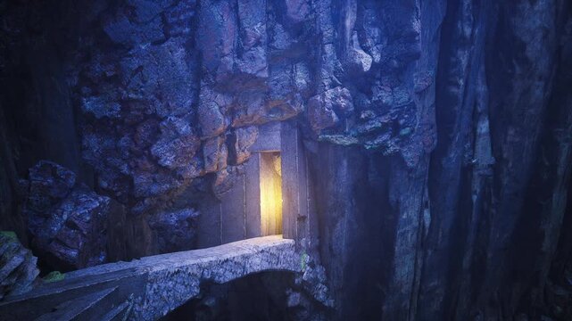 Warm lit doorway embedded in rugged cliff face, narrow stone walkway leads to hidden temple, serene yet ominous mood, textured rock and faint mist