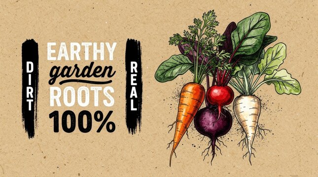 Hand-drawn root vegetables including carrot, beet, and radish on kraft paper. Vintage botanical illustration style with rustic typography. Ideal for organic food packaging and farm-to-table branding.