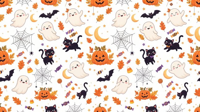 Seamless halloween pattern with black cats bats pumpkins and crescent moon