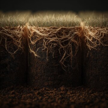 Detailed closeup of grass pitch aeration holes and roots