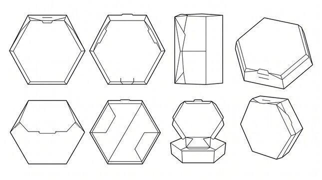 Hexagonal Cardboard Box Packaging Dieline Template Mockup Set Vector Outline Illustration for Takeaway and Gift Box Design