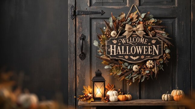 Spooky halloween wreath hanging on a dark wooden door with candlelight