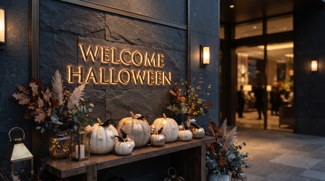 Festive autumn welcome display with pumpkins and seasonal decorations at entrance