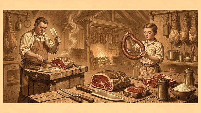 Vintage butcher and apprentice preparing meat in a traditional rustic workshop. Scene features artisan ham, sausages, and butchery tools by a hearth. Culinary heritage for food branding.