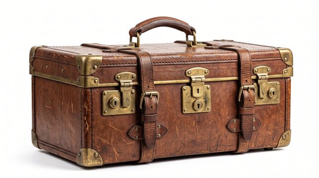 A rustic vintage leather suitcase with aged brass hardware and sturdy buckles isolated on a white background for timeless travel photography