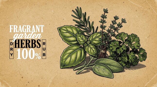 Vintage engraved illustration of fresh garden herbs on kraft paper. Botanical drawing featuring basil, rosemary, and thyme. Organic seasoning concept for spice labels and food packaging design.