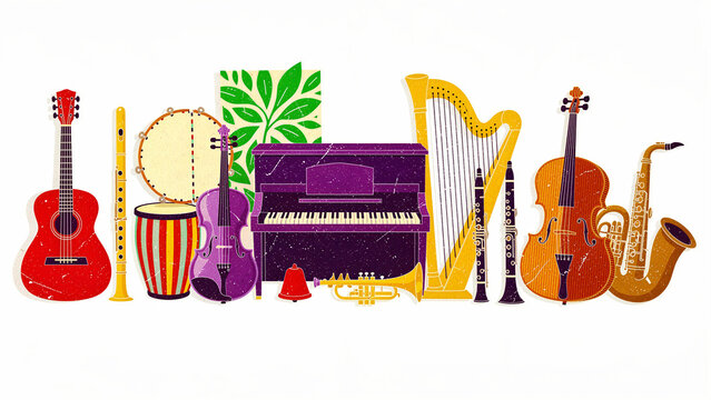 Collection of colorful musical instruments in flat textured style. Featuring piano, guitar, violin, and wind instruments. Creative arts and music education concept for posters and events.