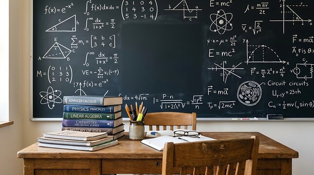 Advanced science classroom desk with chalkboard filled with equations now.