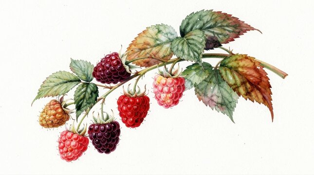 Watercolor branch with ripe raspberries and blackberries. Botanical art featuring colorful berries and leaves on white. Organic food art for menu design, branding, and garden decor.