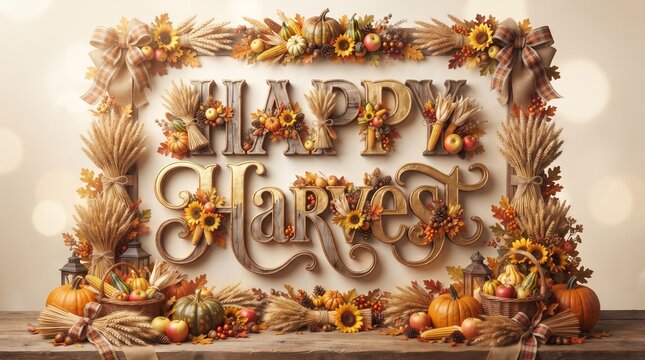 Festive happy halloween text surrounded by autumn leaves and seasonal decorations