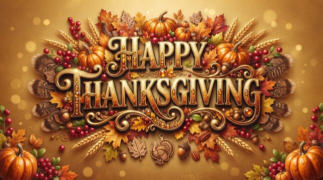 Festive happy thanksgiving typography with autumn harvest elements and warm lighting