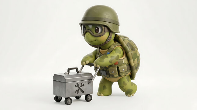 A camouflaged turtle engineer pushes a metal toolbox on a white background reptile shelled