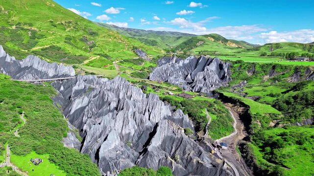 Aerial view of the black stone forest in Moshi Park surrounded by green grasslands in Garze, Sichuan, China
