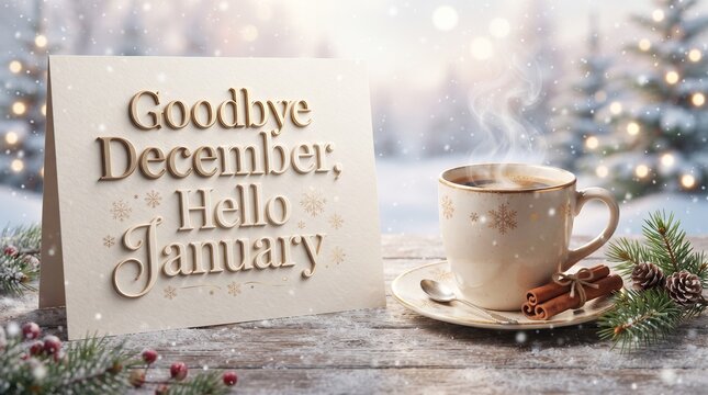 Goodbye december hello january new year cozy winter coffee greeting