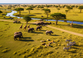 Obraz premium Diverse African wildlife gathering in the Serengeti savanna landscape during a golden hour sunset, showing elephants, giraffes, lions, and zebras