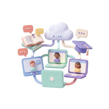 3D illustration of online education and remote learning concept with students and cloud storage.