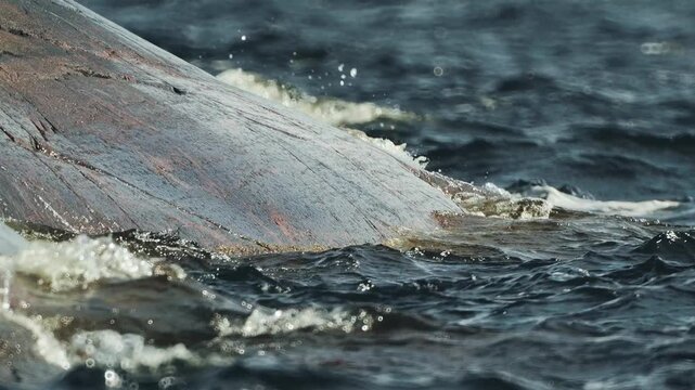 Waves roll onto the gently sloping rocky shore in slow motion