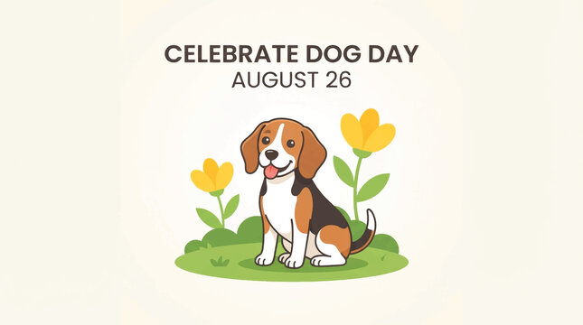 Celebrate dog day August 26, cute beagle puppy vector illustration, International day of pets design, yellow tulip flower decoration, happy dog with tongue out, greeting card template