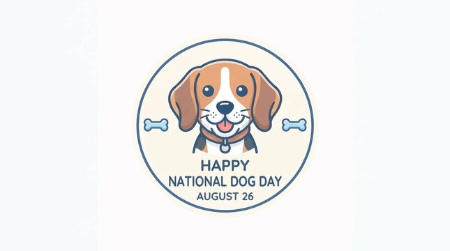 National Dog Day illustration August 26, cute beagle face in circular emblem, happy dog vector label, pet celebration badge with bone icons, colorful mascot design