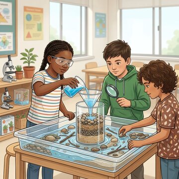 Children conduct science experiment in classroom setting