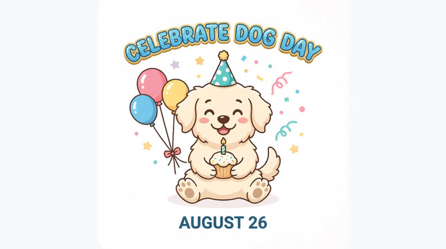 Celebrate Dog Day August 26 cute puppy party design, illustration with balloons, cake, party hat, text graphic, vector art