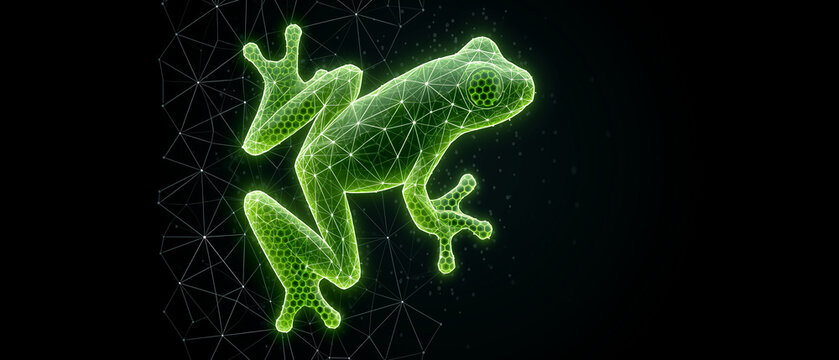 Green polygon frog with hexagonal nanotechnology pattern on toe pads, low poly wireframe adhesion technology concept