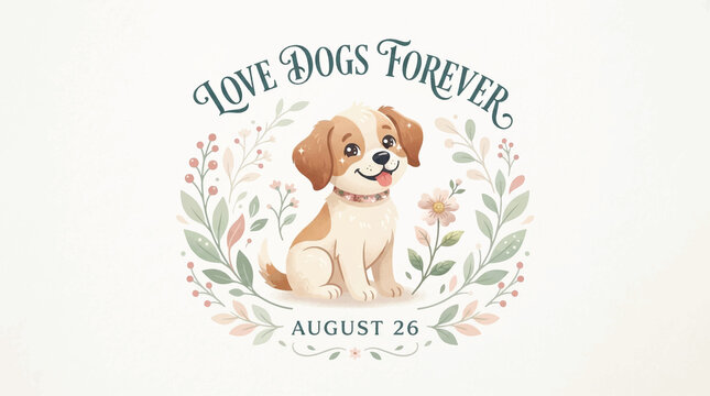 Love Dogs Forever, Cute Puppy Illustration, Floral Wreath, August 26, Vector Graphic, Cute Pet Design, Calligraphy Text, Watercolor Style, Adorable Animal Art, Dog Lover Gift