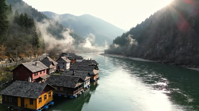 Scenic Aerial View of Rustic Floating Houses on a River Surrounded by Mountains and Mist in Daylight