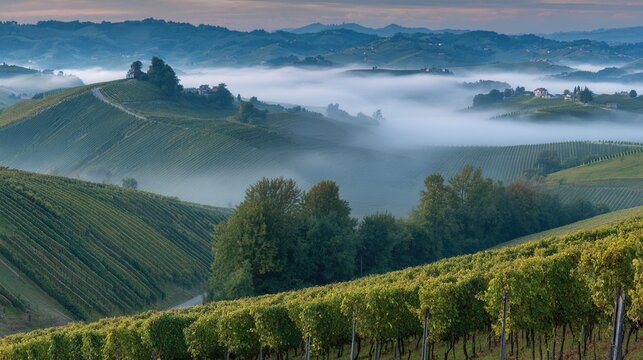 passphrase. Nebbiolo grape vineyard on Piedmont hillside with morning fog and rolling hills. travel magazines, destination branding, designed for outdoor magazines and nature guides.