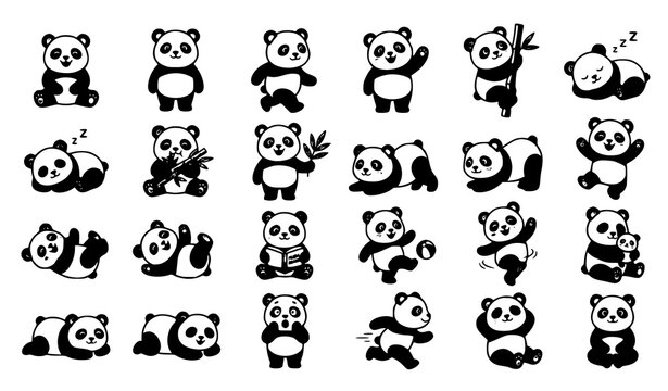 Cute Panda Characters Different Poses Cartoon Vector Collection