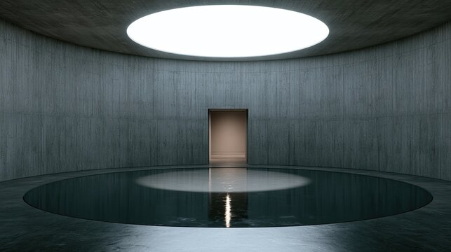 Minimalist concrete chamber with a central pool and illuminated skylight above a doorway