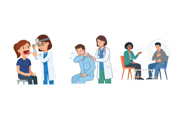 Obraz premium Professional Medical Consultation and Healthcare Diagnostic Illustrations Featuring Doctor and Patient Interactions