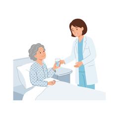 Obraz premium Kind Doctor Providing Water to an Elderly Hospital Patient Receiving Medical Care
