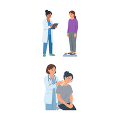 Fototapeta premium Medical checkup illustration showing a doctor examining patients weight and neck pain