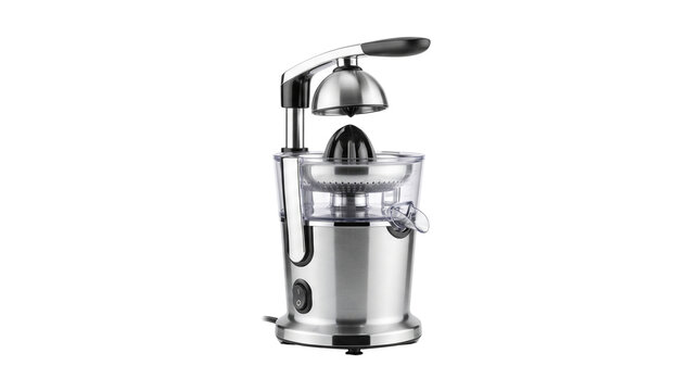 Professional stainless steel citrus juicer, electric orange squeezer with lever handle, modern chrome fruit press for kitchen isolated PNG with Transparent Background